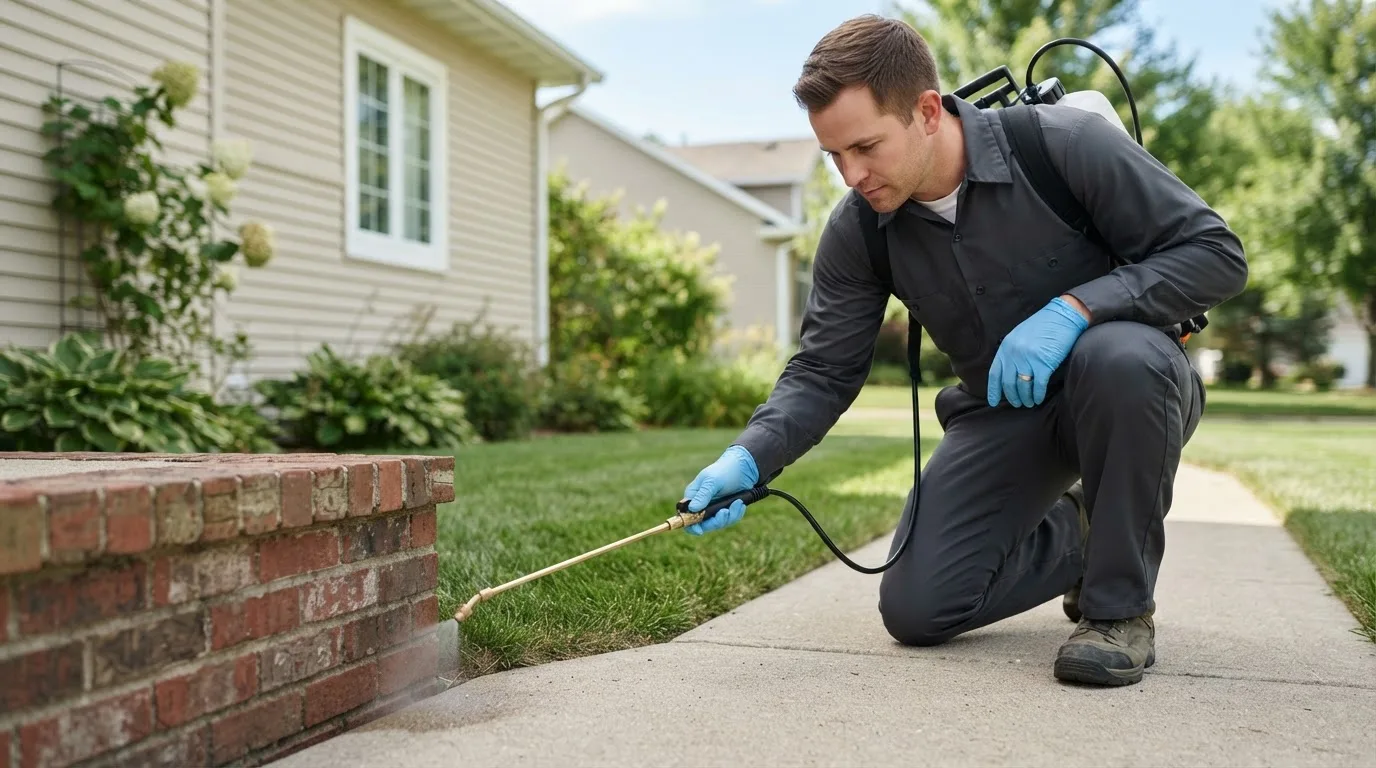 Pest control technician treating a home near Peru, NE